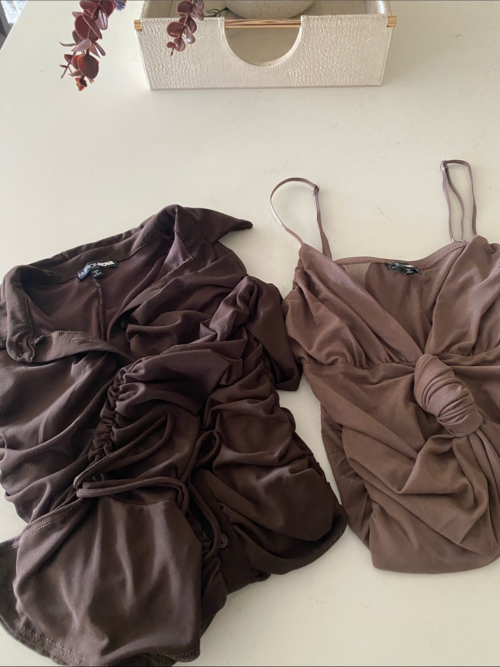 Fashion Nova 2 Brown Ruched Sheer Bodysuits Set. Size small